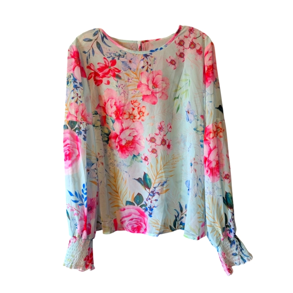 🔥SALE🔥 Floral Print Women's Top - Multicolor Sheer Sz.L - Picture 2 of 9